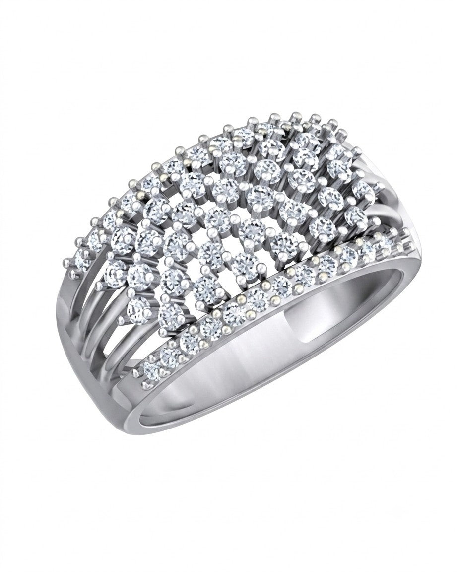 A white gold ring featuring a wide, multi-row pavé setting, shown on a plain white background.