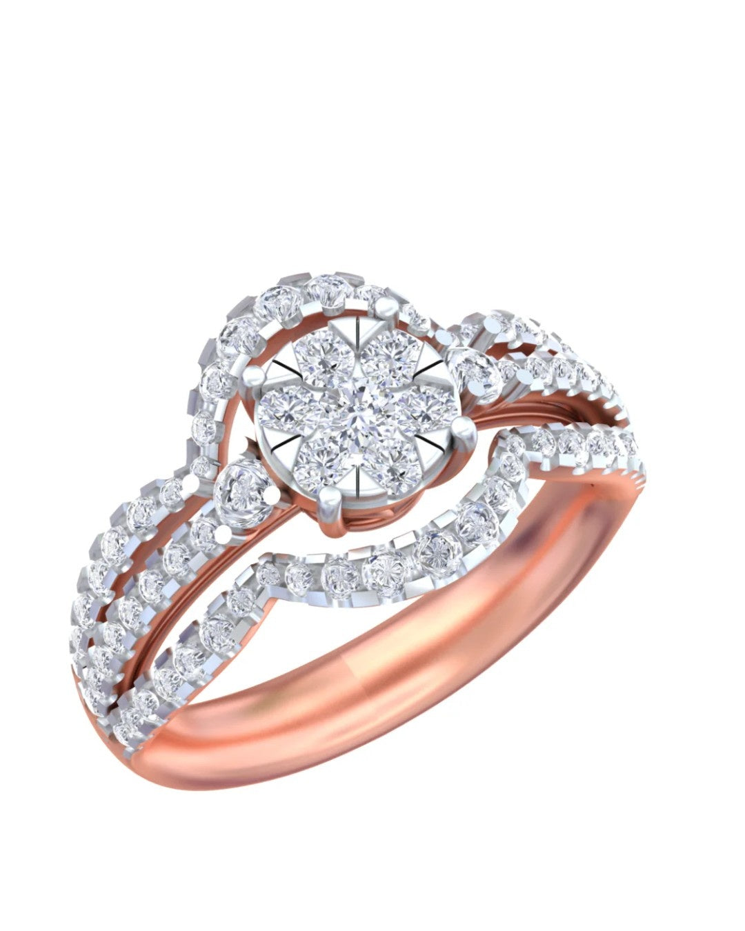Rose gold and diamond halo ring on a white background.