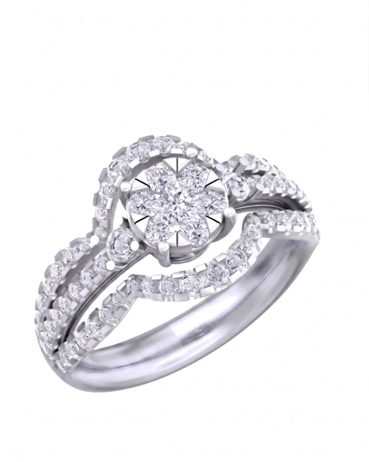 White gold and diamond halo ring on a white background.