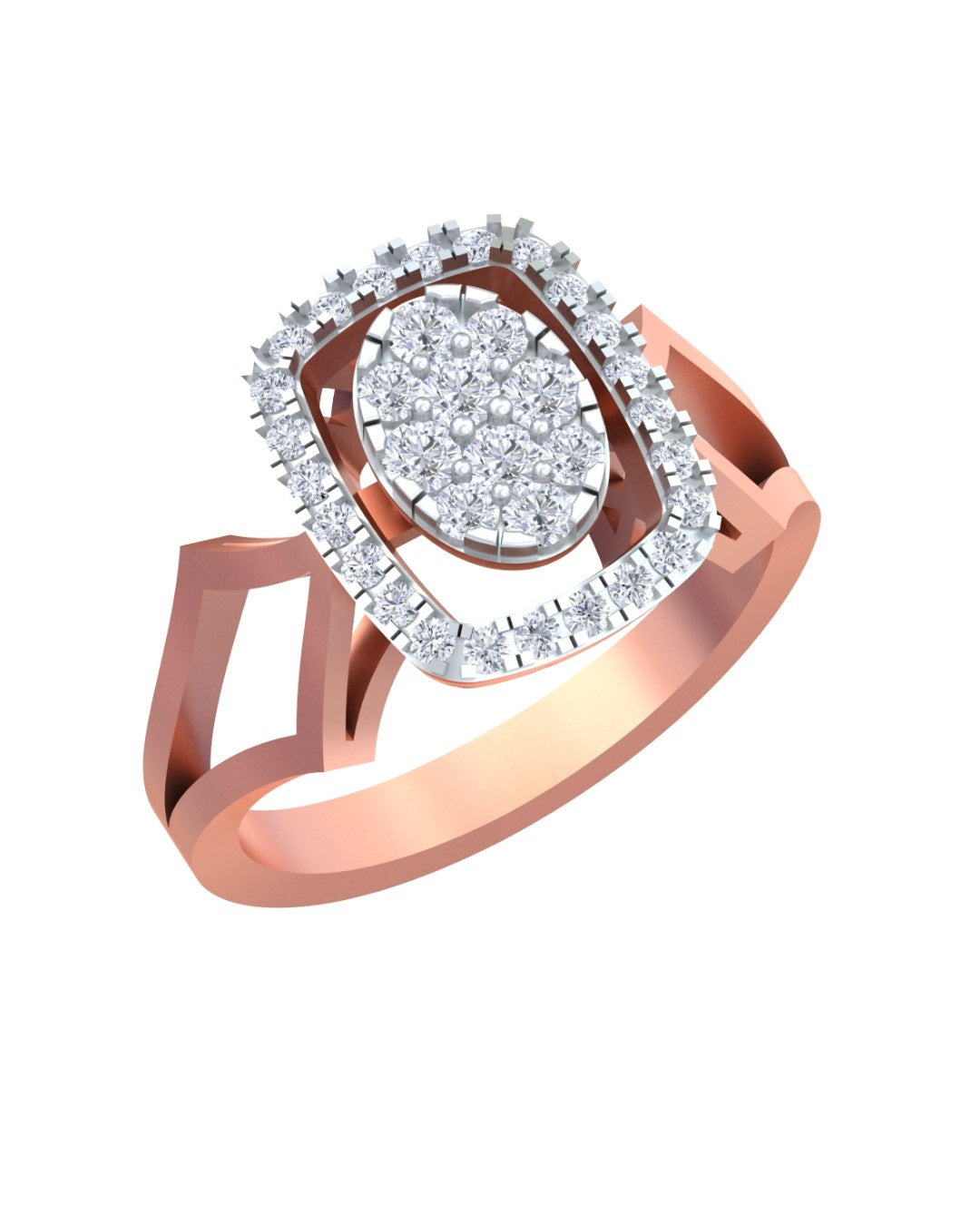 Rose gold ring with a diamond halo design on a white background