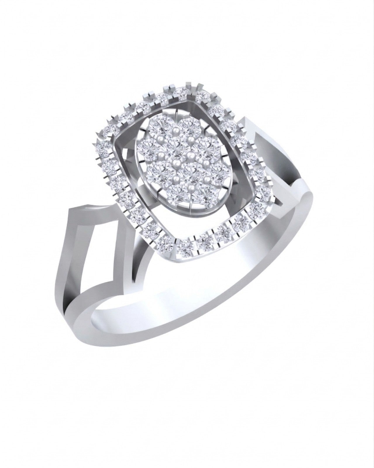 White gold ring with a diamond halo design on a white background