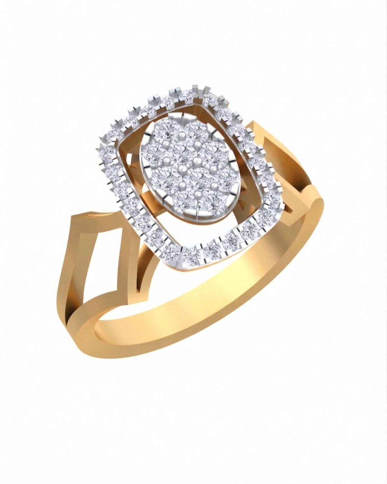 Yellow gold ring with a diamond halo design on a white background