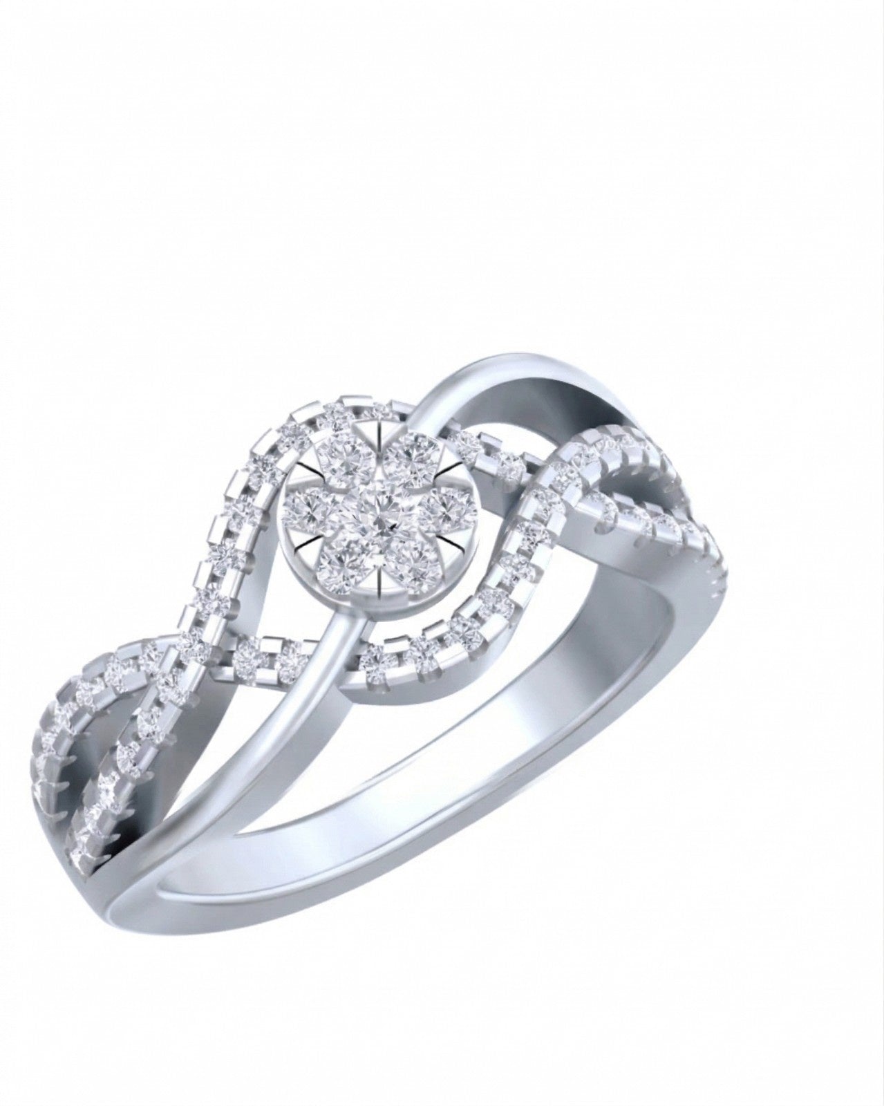 A white gold ring with a central round diamond cluster, shown on a plain white background.