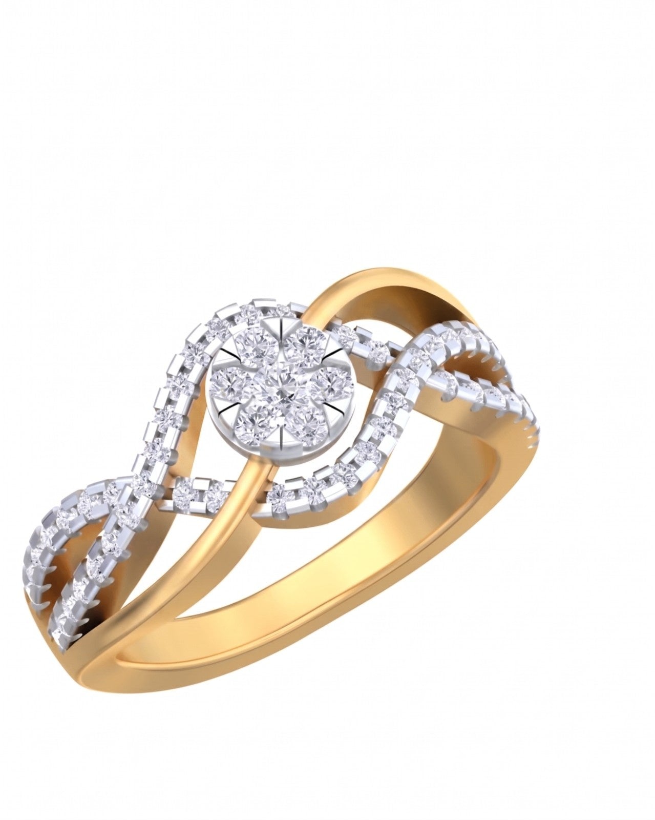 A yellow gold ring with a central round diamond cluster, shown on a plain white background.