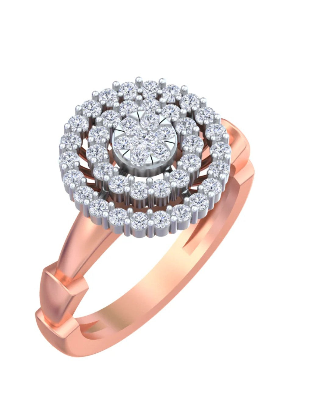 A rose gold ring with a large circular cluster, shown on a plain white background.