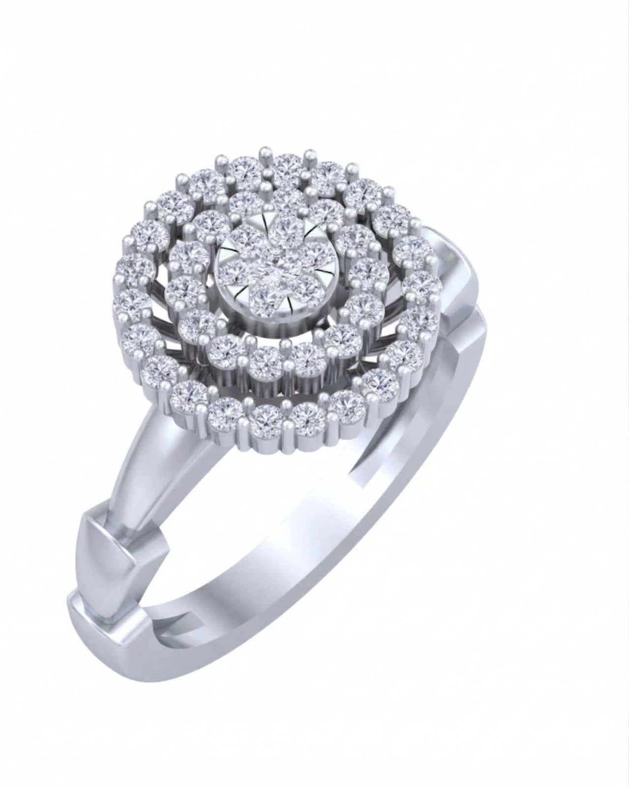A white gold ring with a large circular cluster, shown on a plain white background.