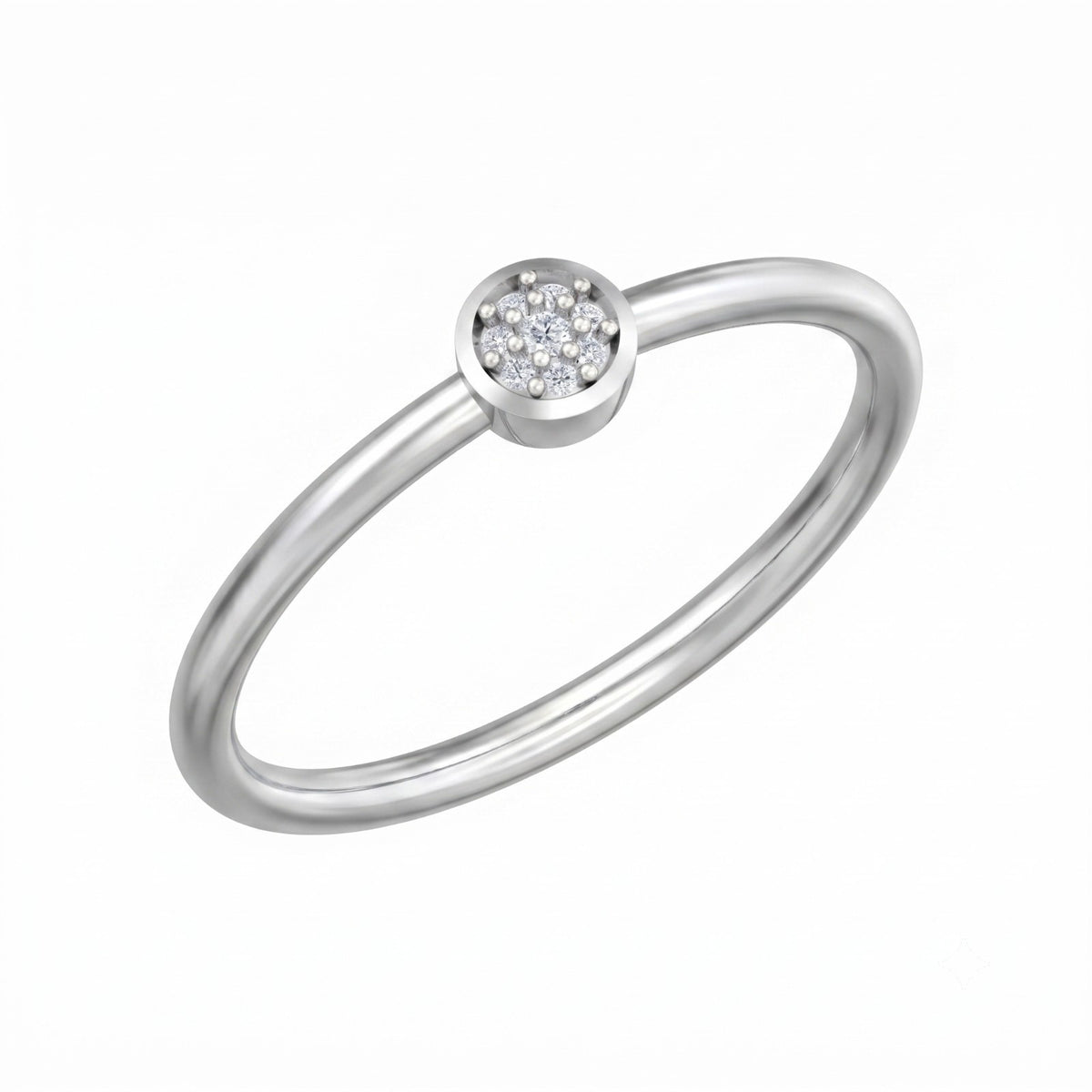 A white gold ring with a small circular cluster setting on a plain white background.