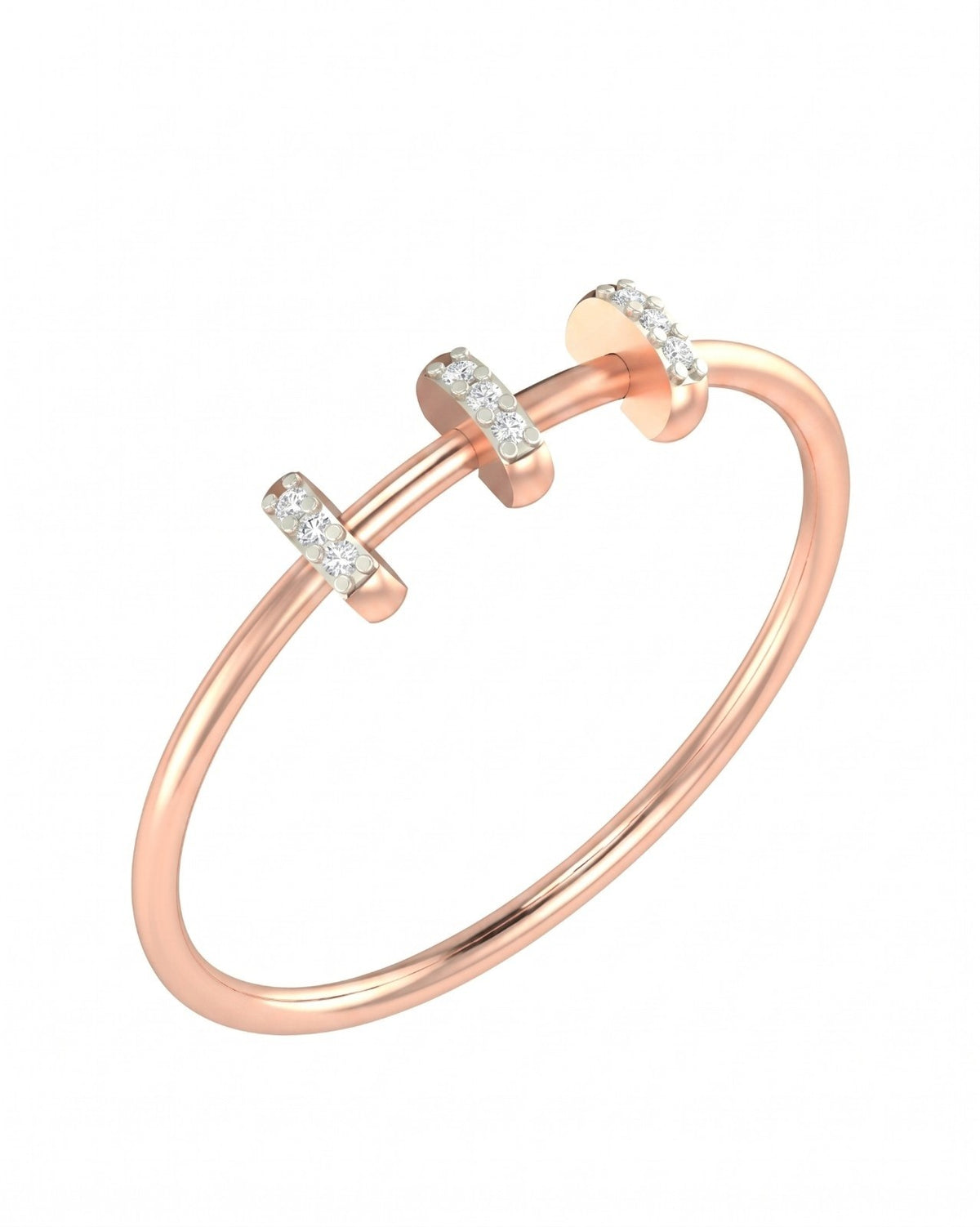 Rose gold ring with diamond accents on a white background