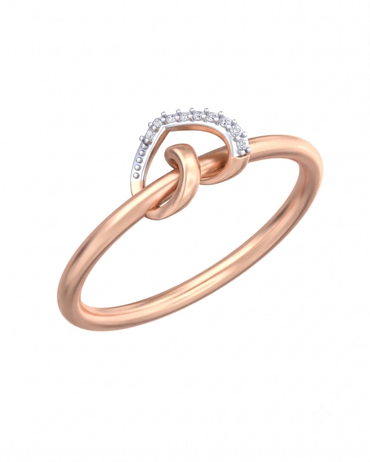A rose gold ring with a knotted design, shown on a plain white background.
