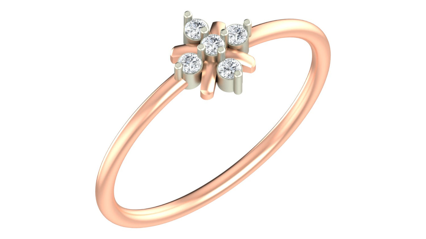 A rose gold and diamond ring with a small floral setting, shown on a plain white background.