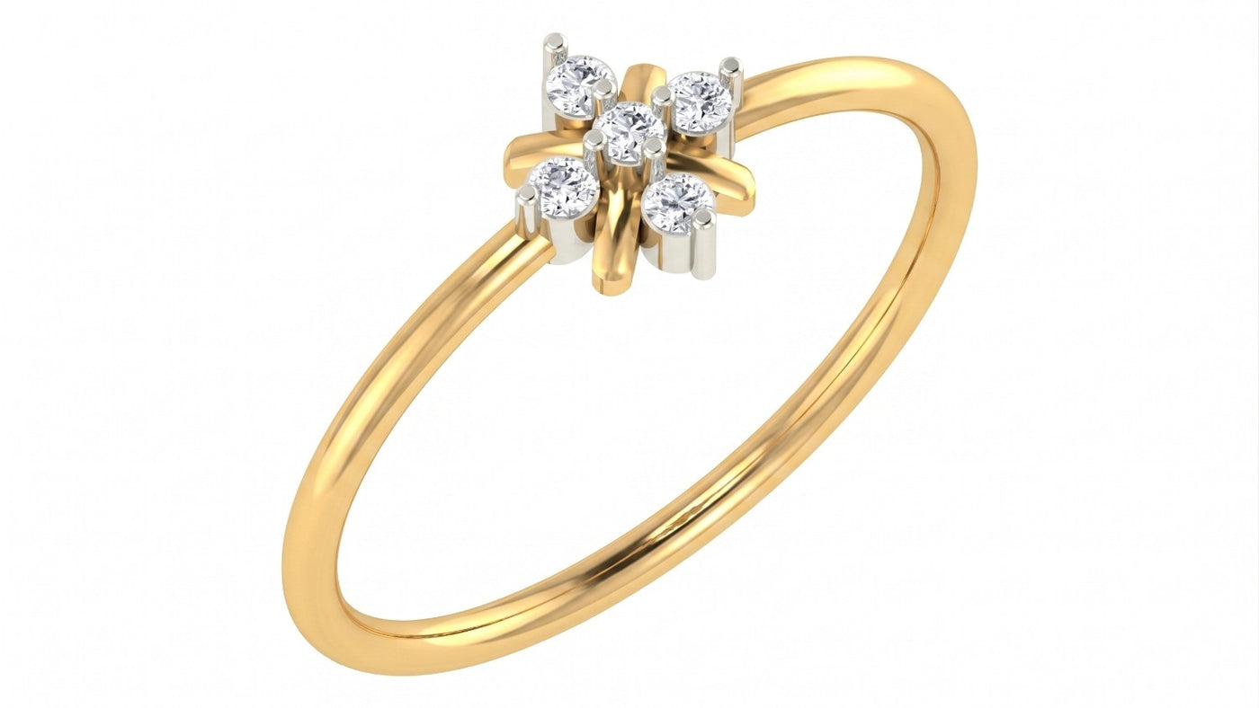 A yellow gold and diamond ring with a small floral setting, shown on a plain white background.