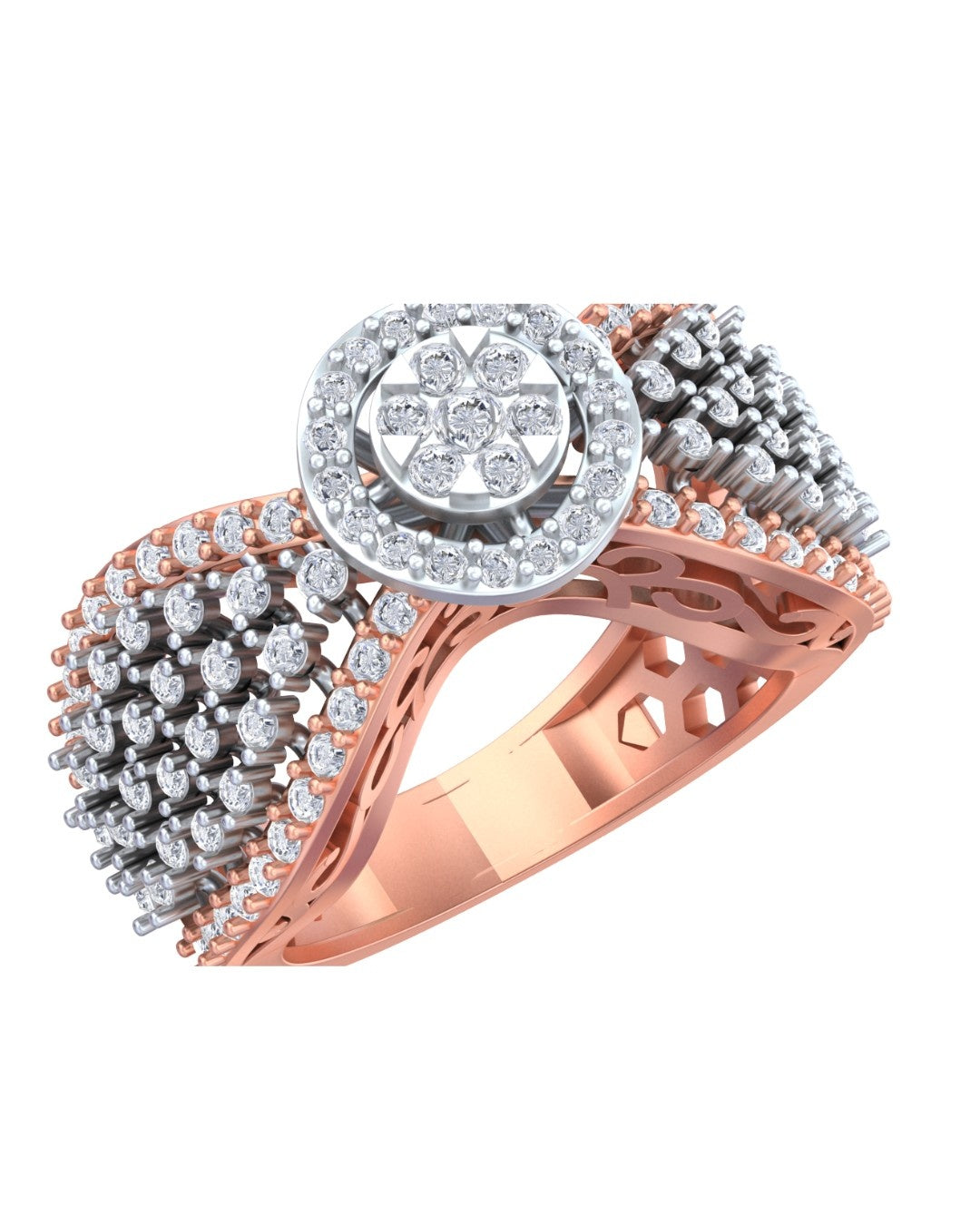 Rose gold and diamond ring with halo cluster design on a white background