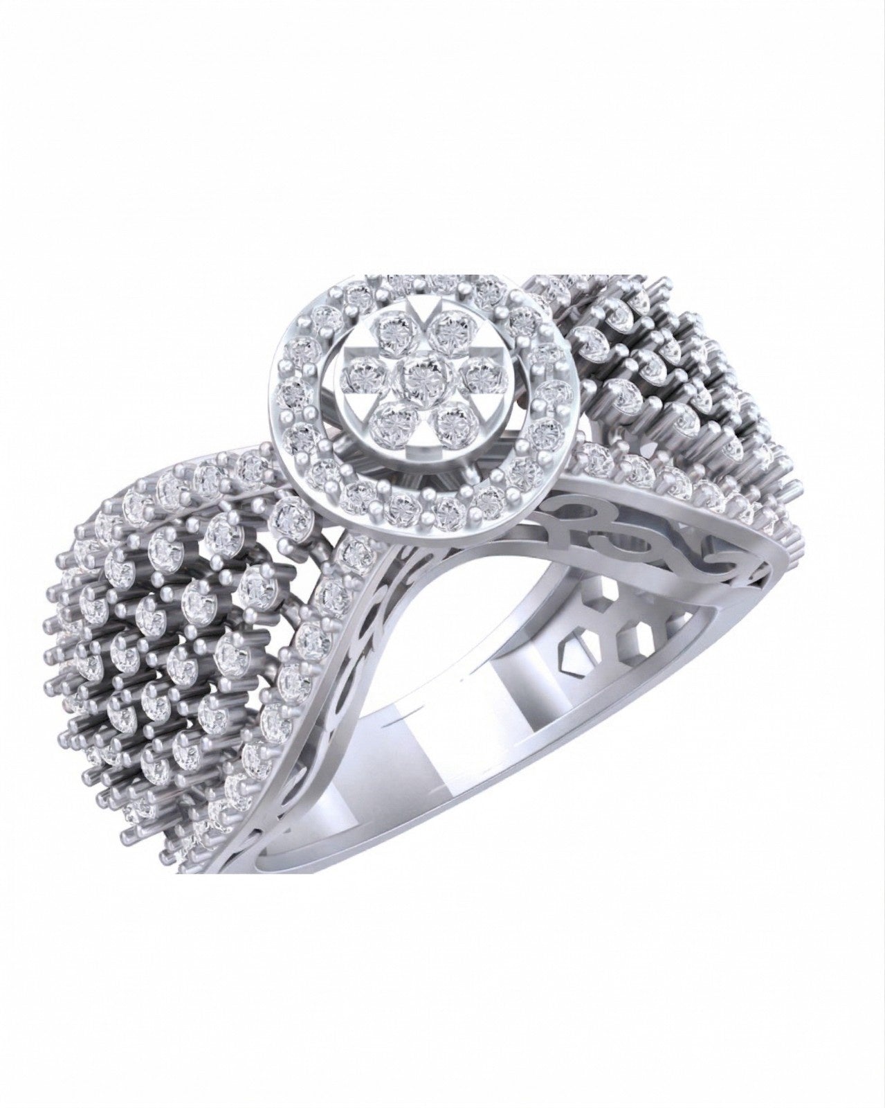 White gold and diamond ring with halo cluster design on a white background