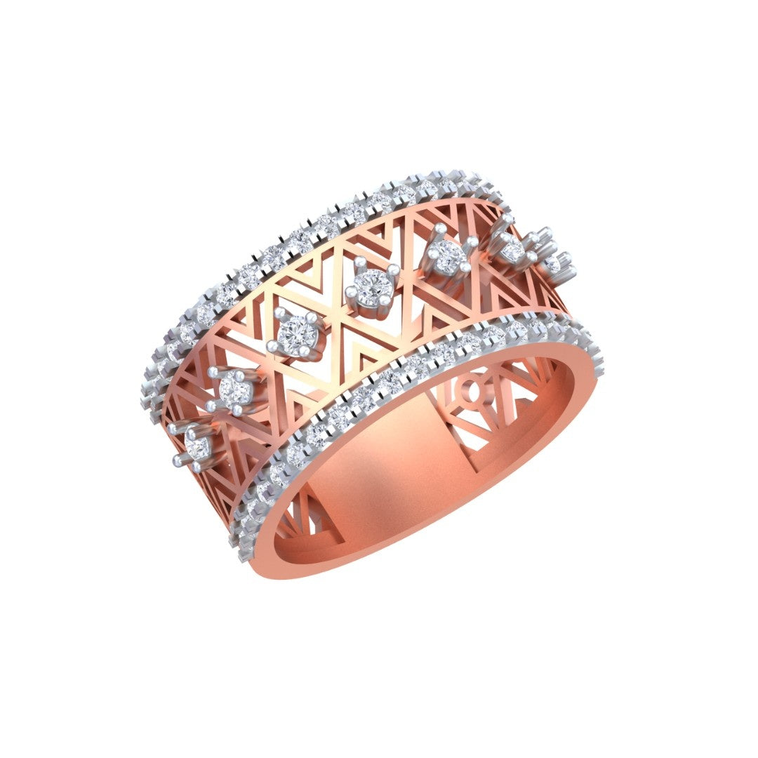 A rose gold ring with intricate geometric filigree cutouts, shown on a plain white background.