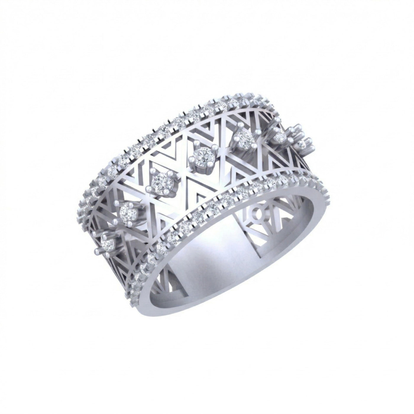 A white gold ring with intricate geometric filigree cutouts, shown on a plain white background.