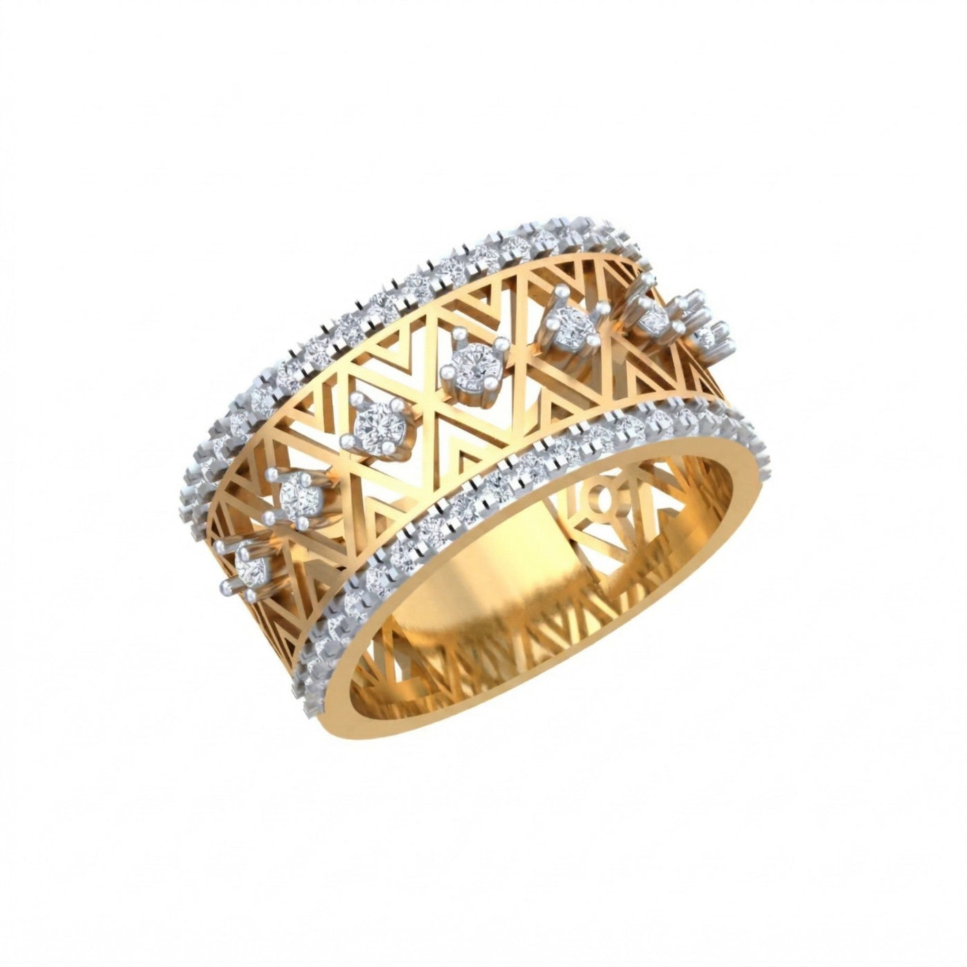 Yellow gold ring with diamond accents on a white background.