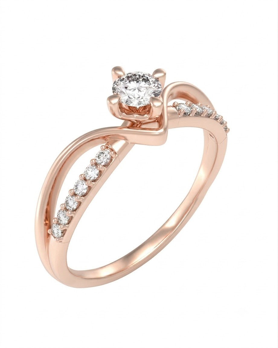 Rose gold ring with a diamond on a white background.