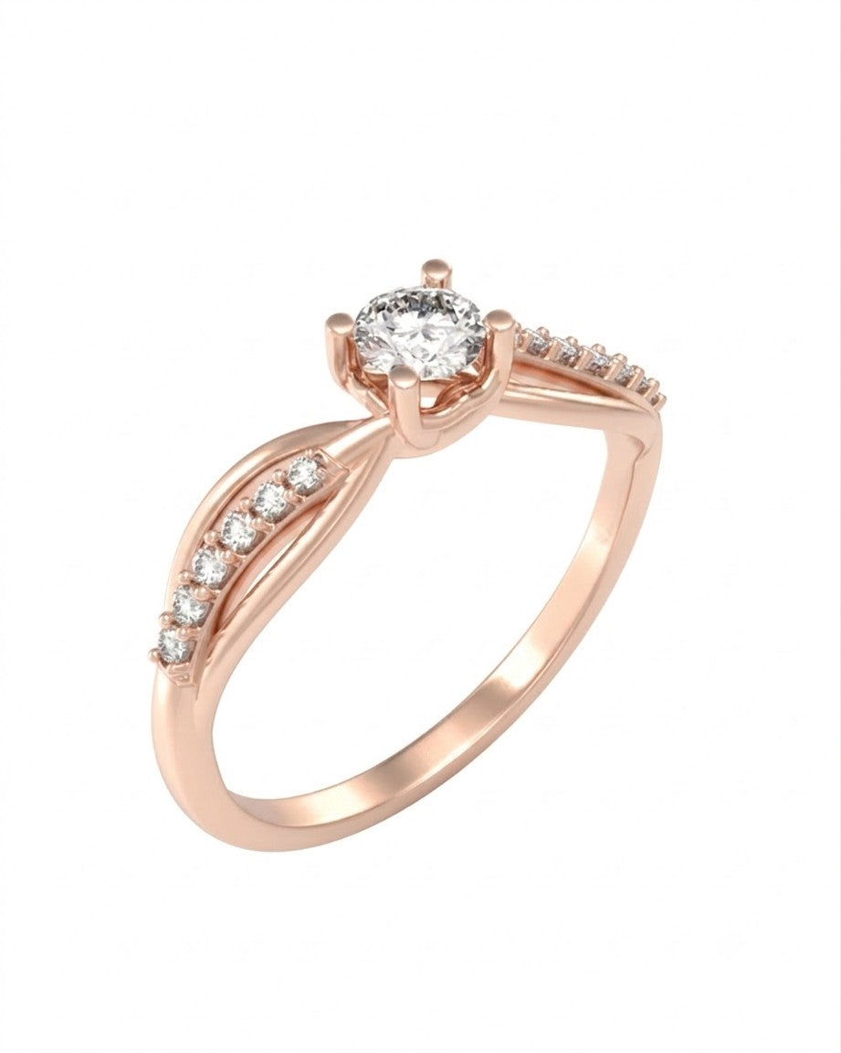 A rose gold and diamond ring with a round-cut clear center stone, shown on a plain white background.