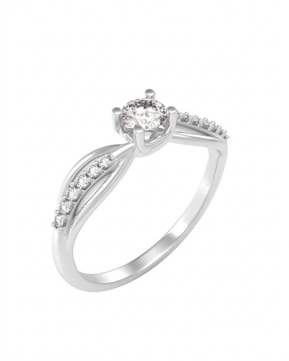 A white gold and diamond ring with a round-cut clear center stone, shown on a plain white background.