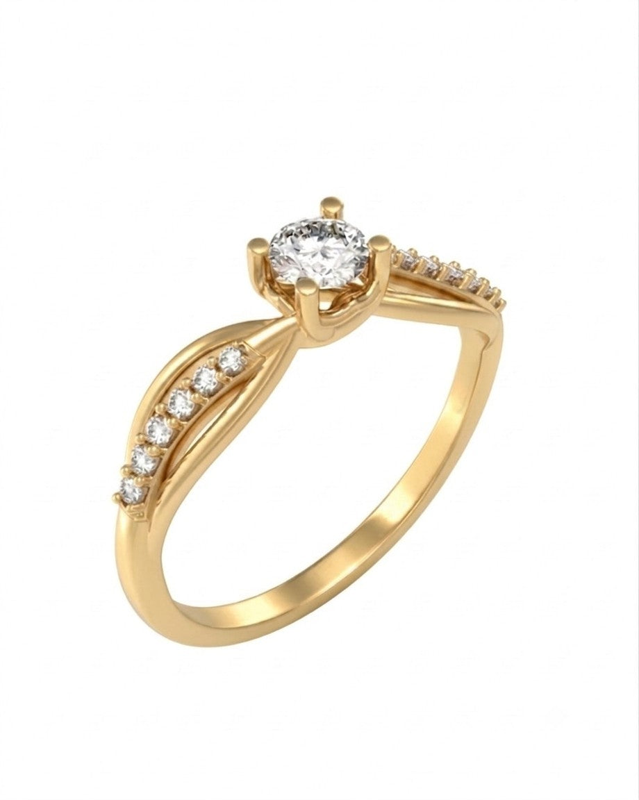 A yellow gold and diamond ring with a round-cut clear center stone, shown on a plain white background.