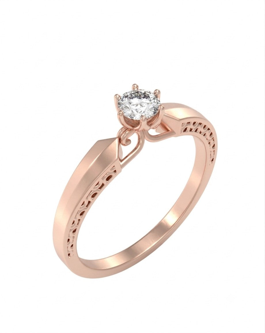 Rose gold and diamond with solitaire on a white background.