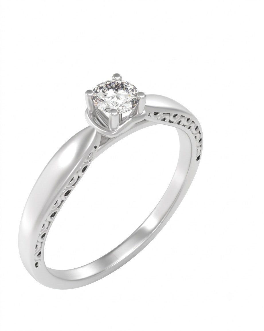 A white gold solitaire ring with a round-cut, set against a plain white background.