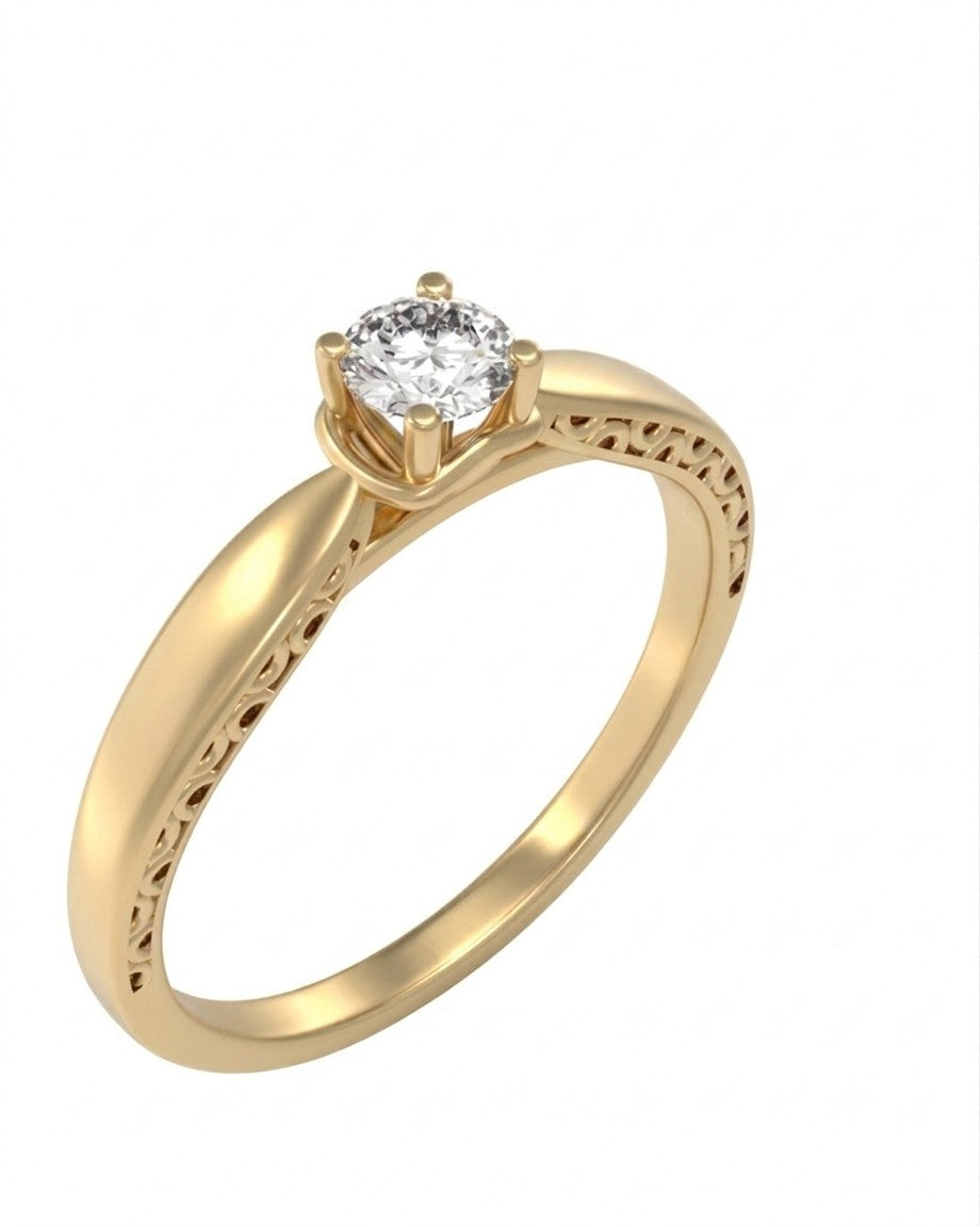 A yellow gold solitaire ring with a round-cut, set against a plain white background.