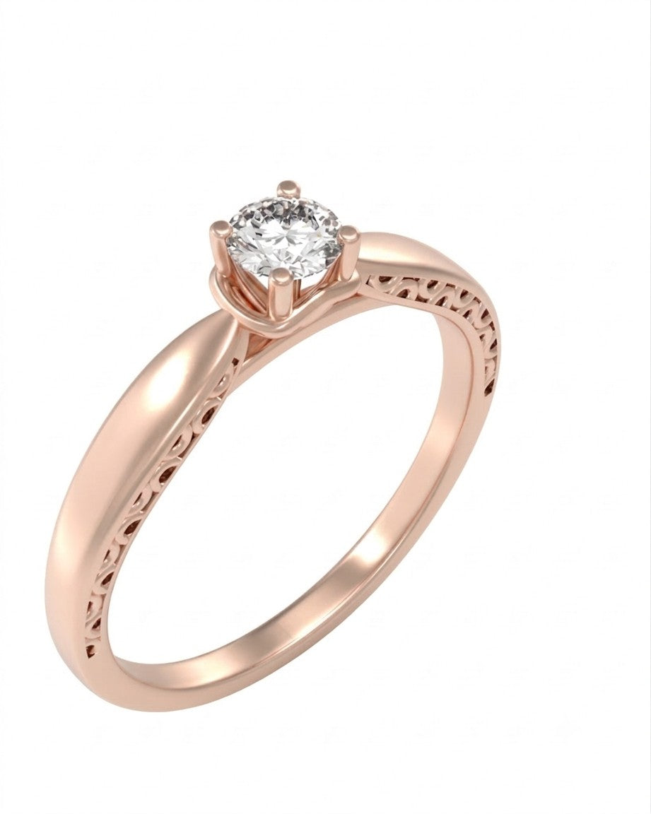 A rose gold solitaire ring with a round-cut, set against a plain white background.
