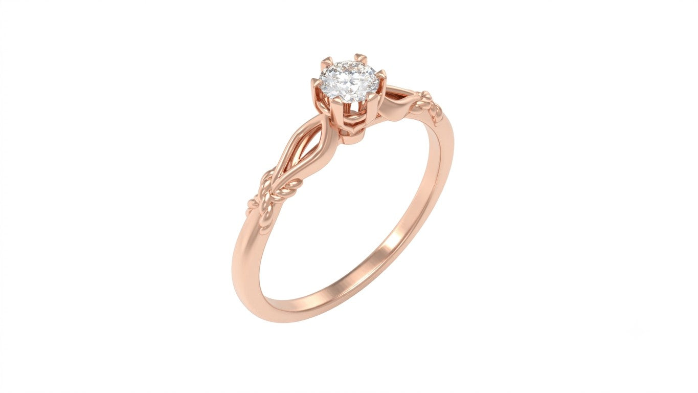Rose gold ring with a diamond on a white background