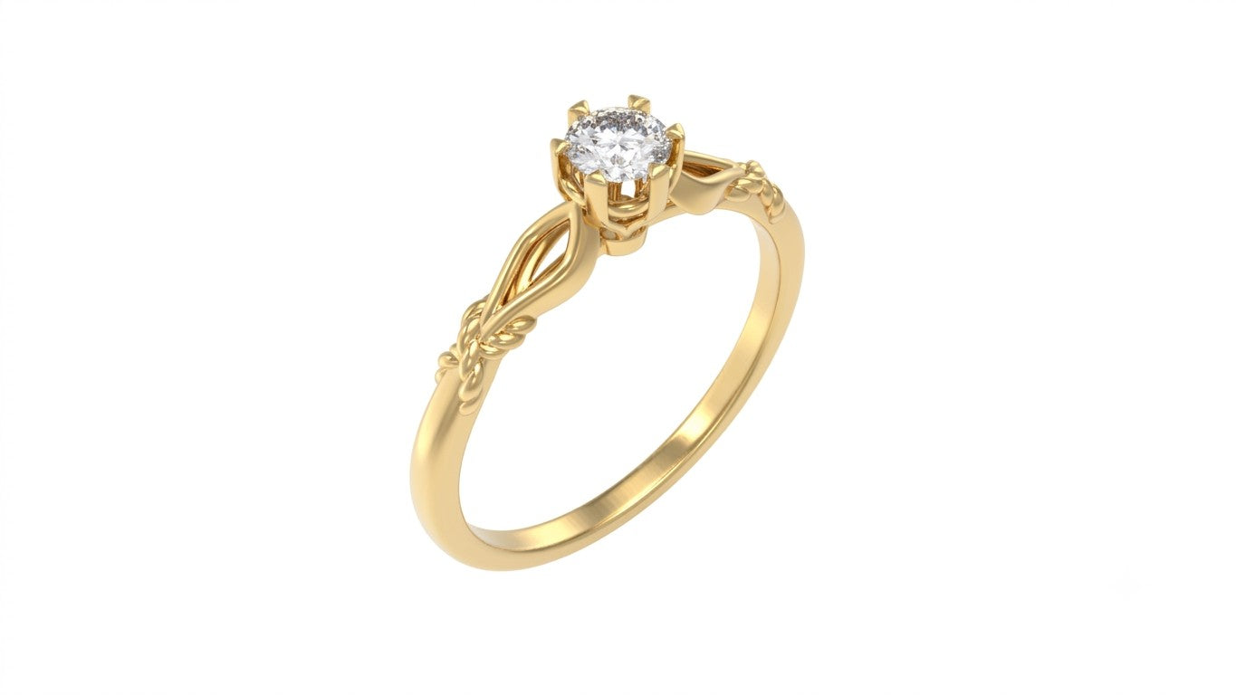 Yellow gold ring with a diamond on a white background