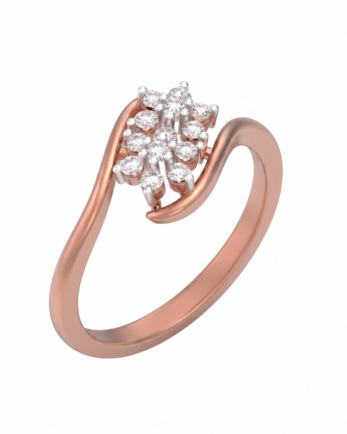 Rose gold and diamond with floral cluster on a white background.