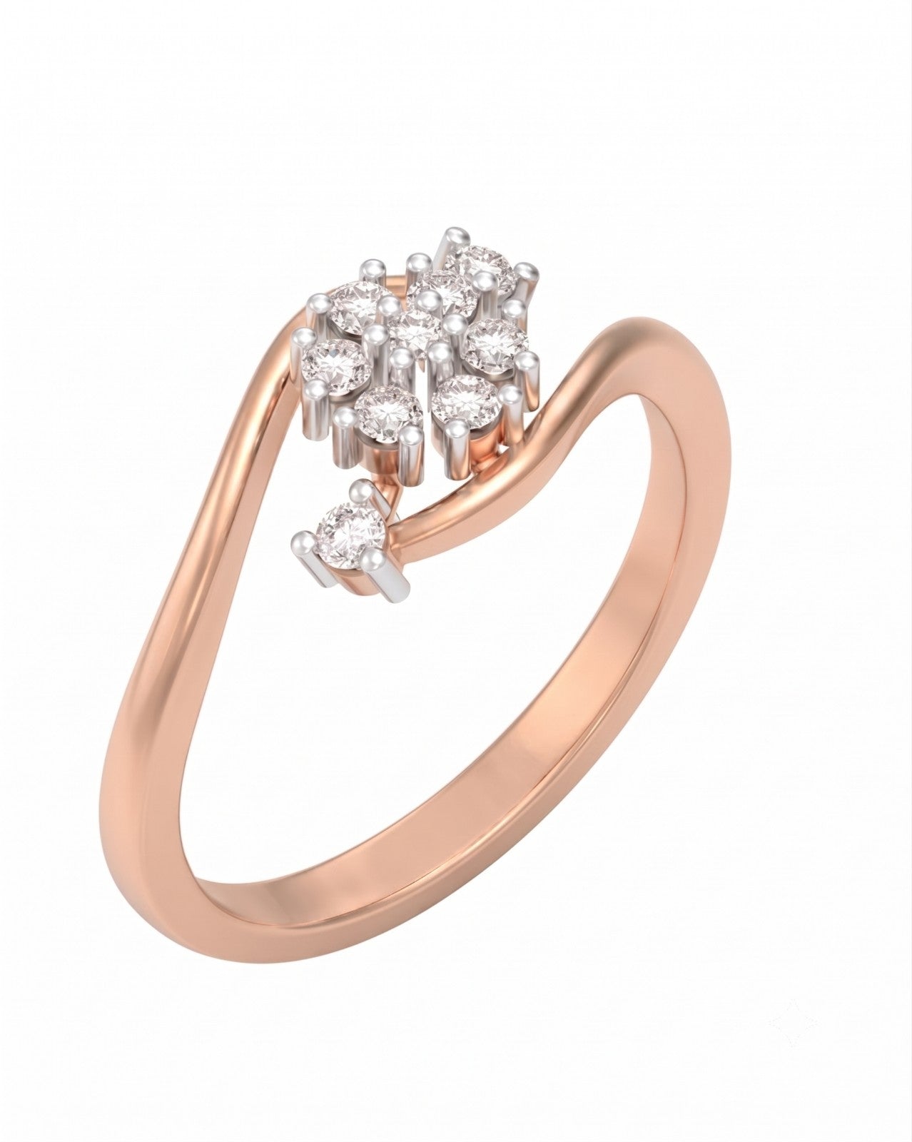 A rose gold and diamond ring with a cluster on a plain white background.
