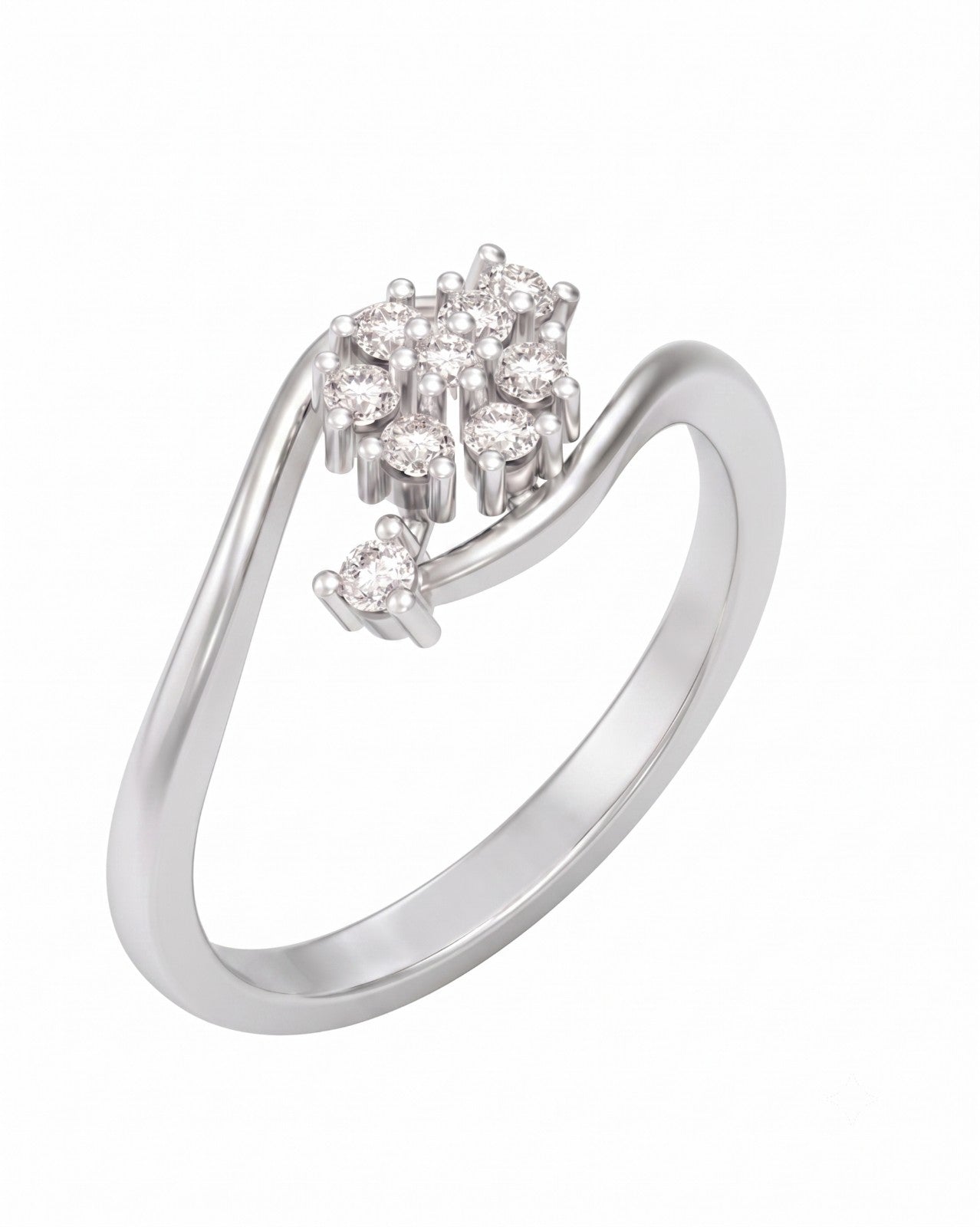 A white gold and diamond ring with a cluster on a plain white background.