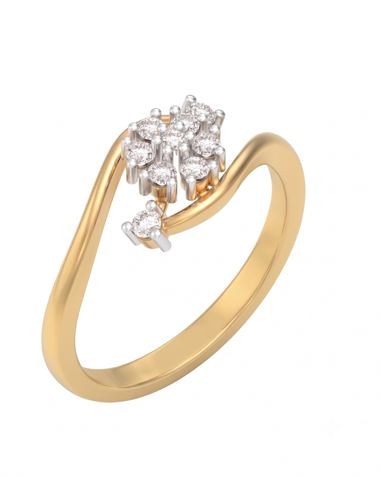 A yellow gold and diamond ring with a cluster on a plain white background.
