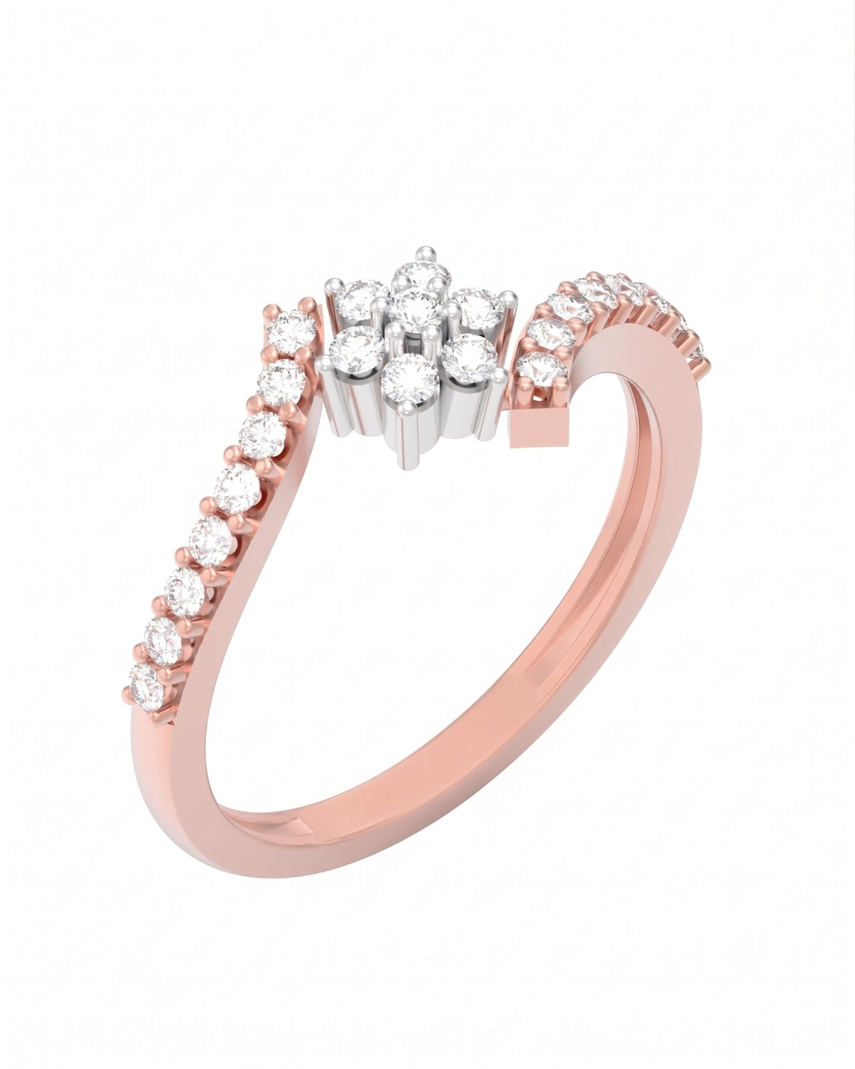Rose gold and diamond with floral design on a white  baclground.