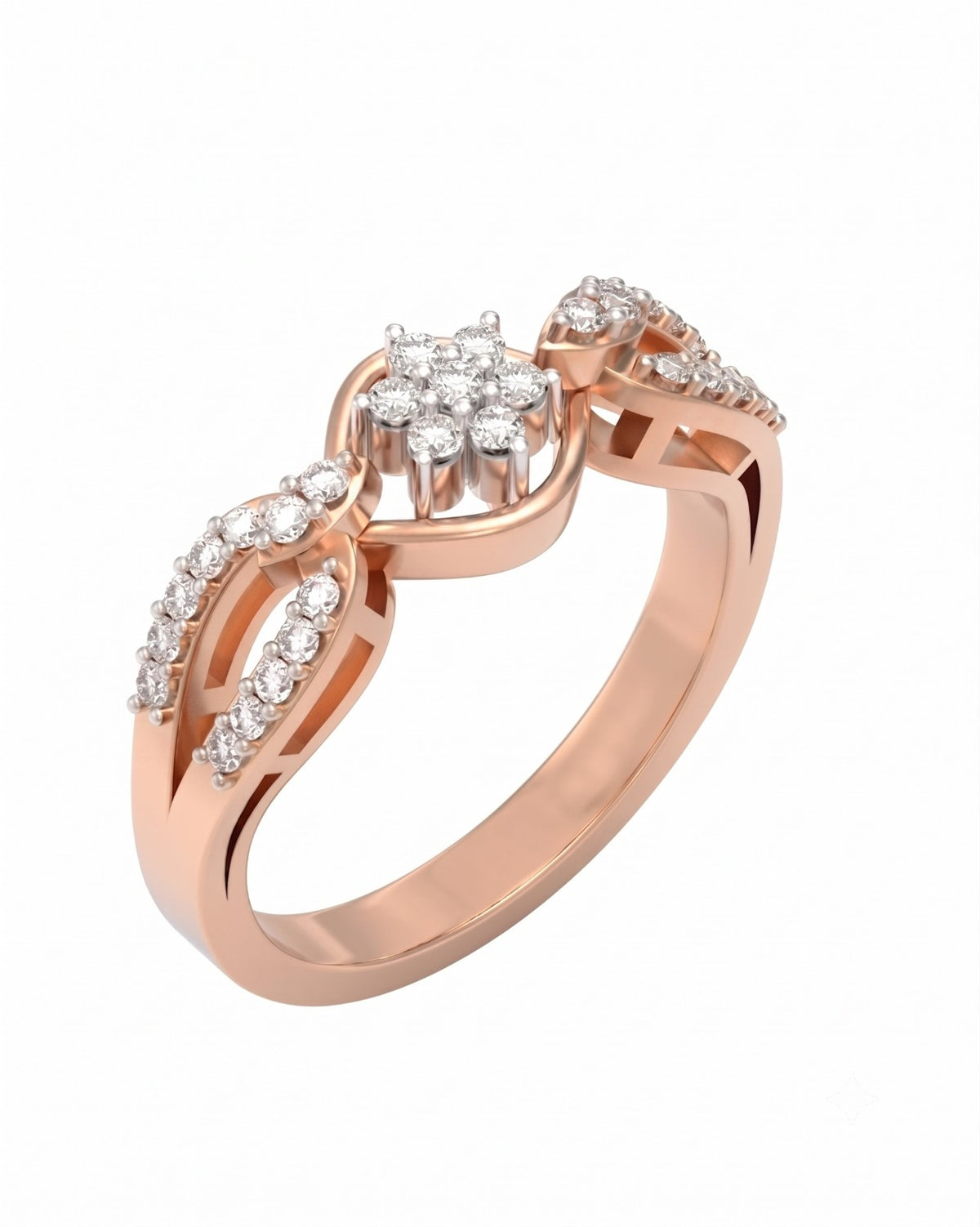 A rose gold ring with a central diamond cluster, shown on a plain white background.