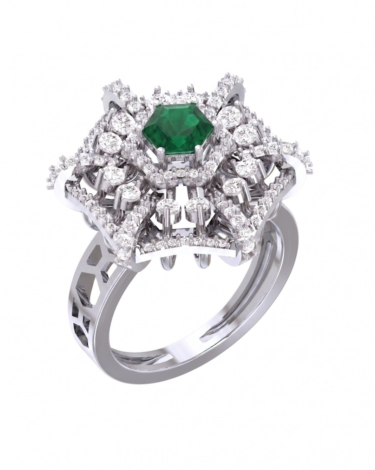 White gold and diamond with emerald gemstone setting on a white background.