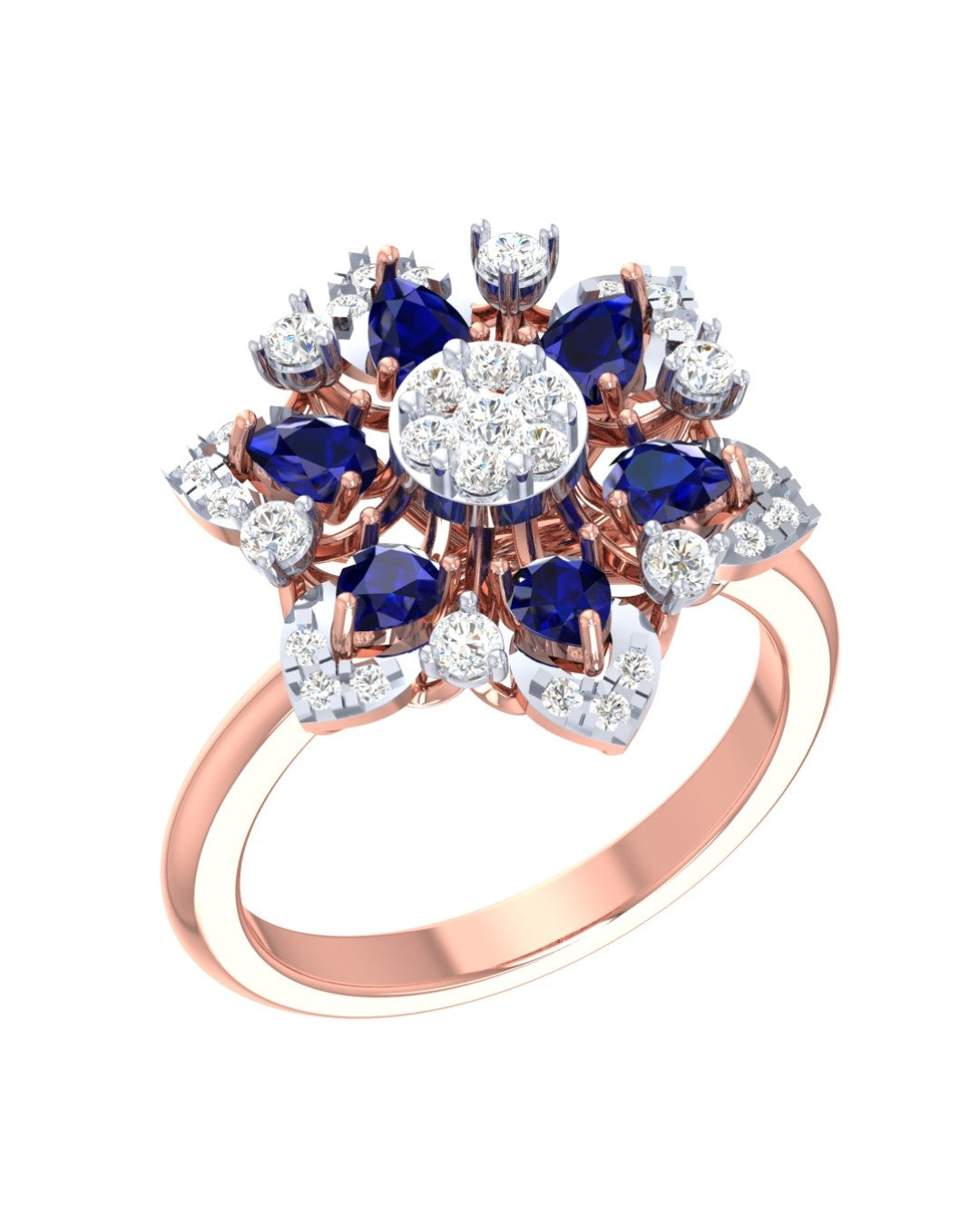 Rose gold ring with saphhire gemstones and diamonds on a white background
