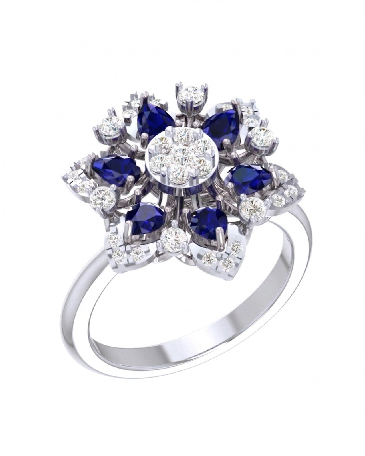 White gold ring with saphhire gemstones and diamonds on a white background