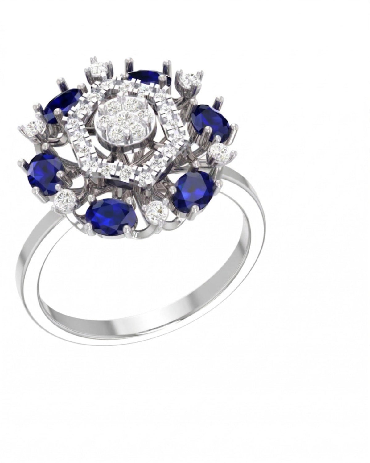 White ring with sapphire gemstones and diamonds on a white background