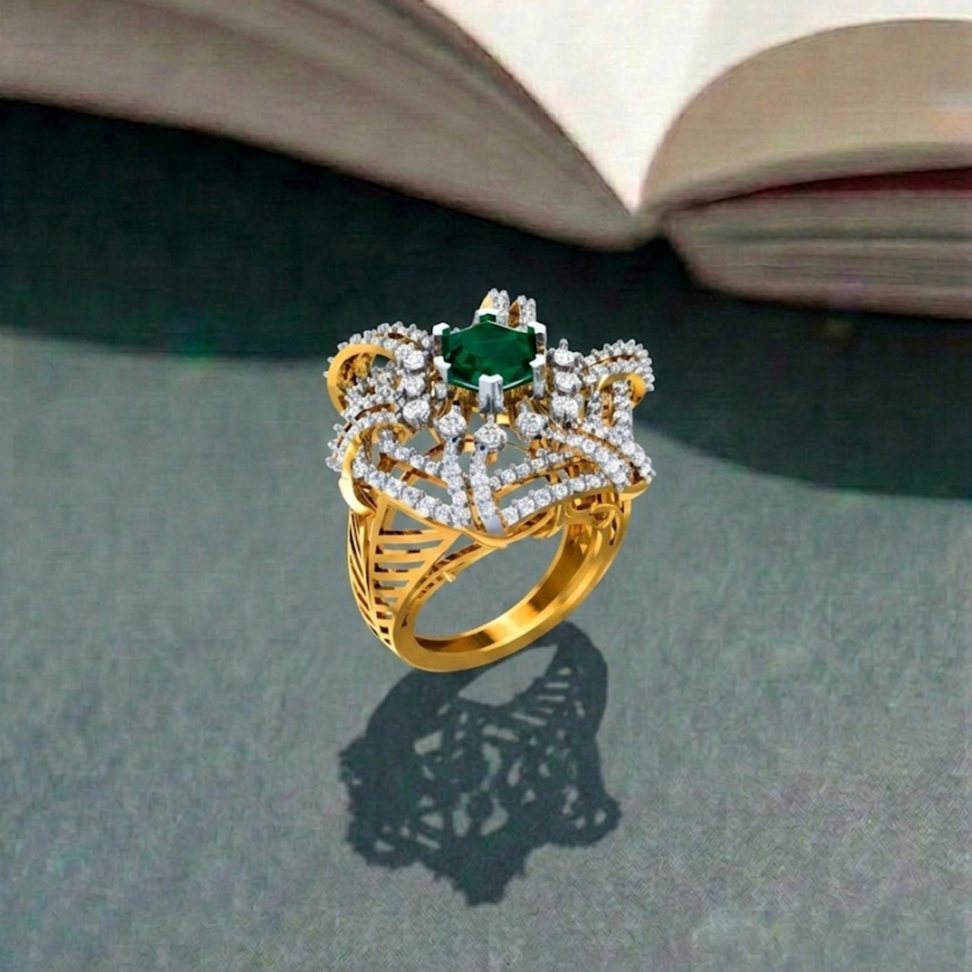 Gold ring with a emerald gemstone on a textured surface