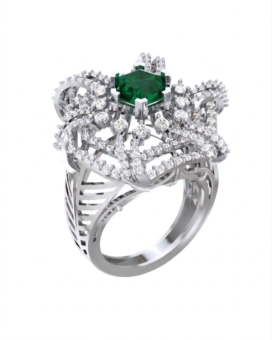 White gold and diamond with emerald gemstone setting on a white background.