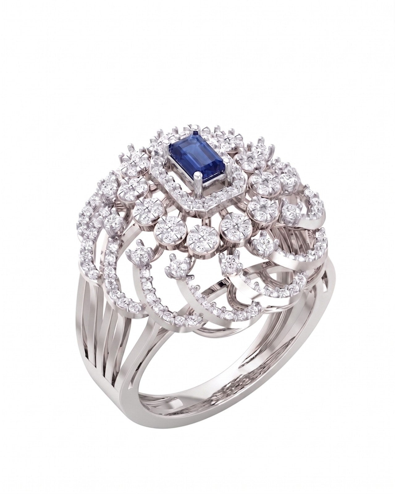 White gold and diamond with sapphire rectangular gemstone setting on a white background.