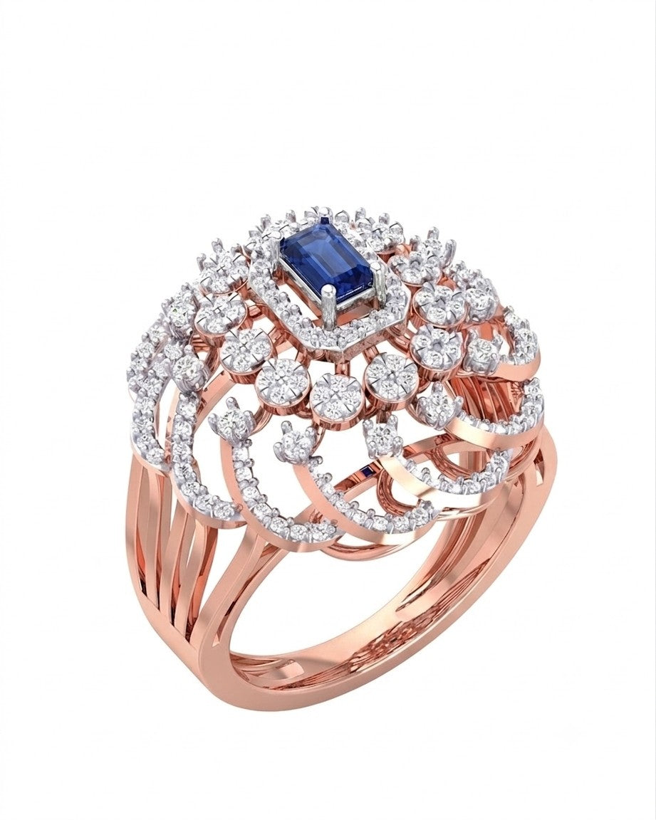 Rose gold and diamond with sapphire rectangular gemstone setting on a white background.