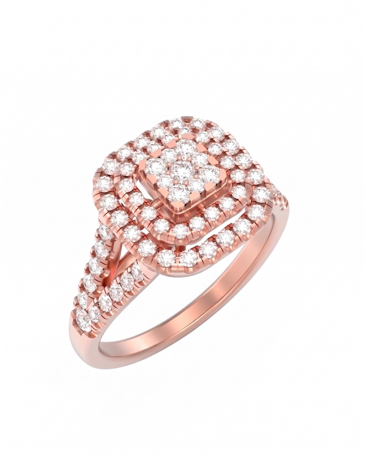 A rose gold ring featuring a square-shaped cluster, shown on a plain white background.