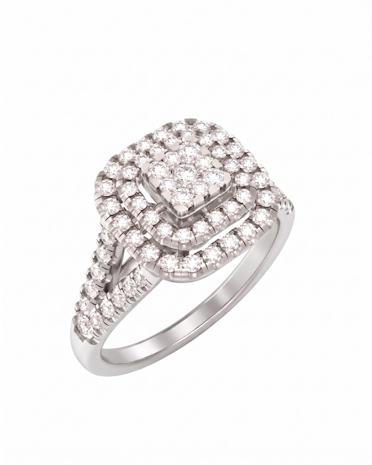 A white gold ring featuring a square-shaped cluster, shown on a plain white background.