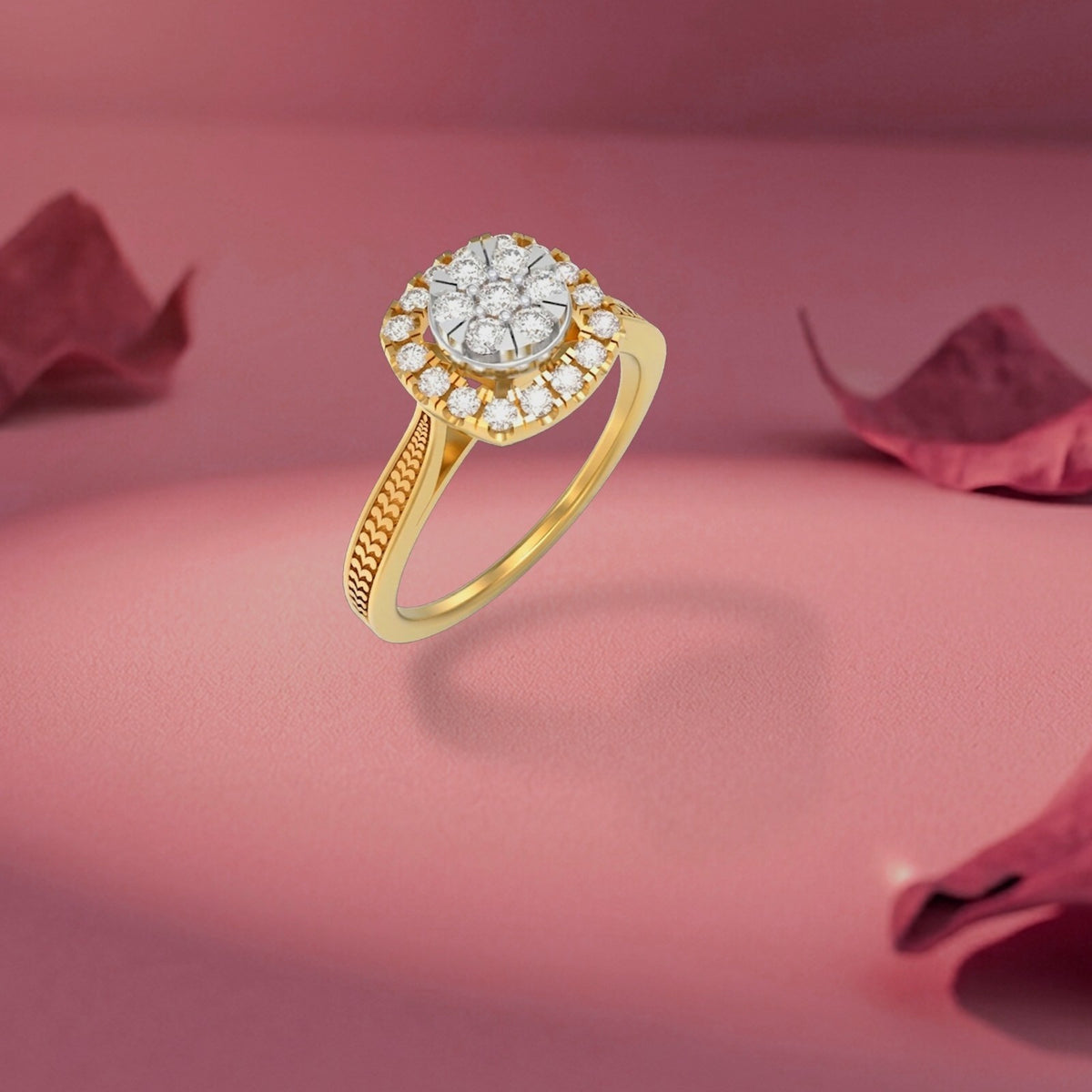 Gold ring with a diamond cluster on a pink background.
