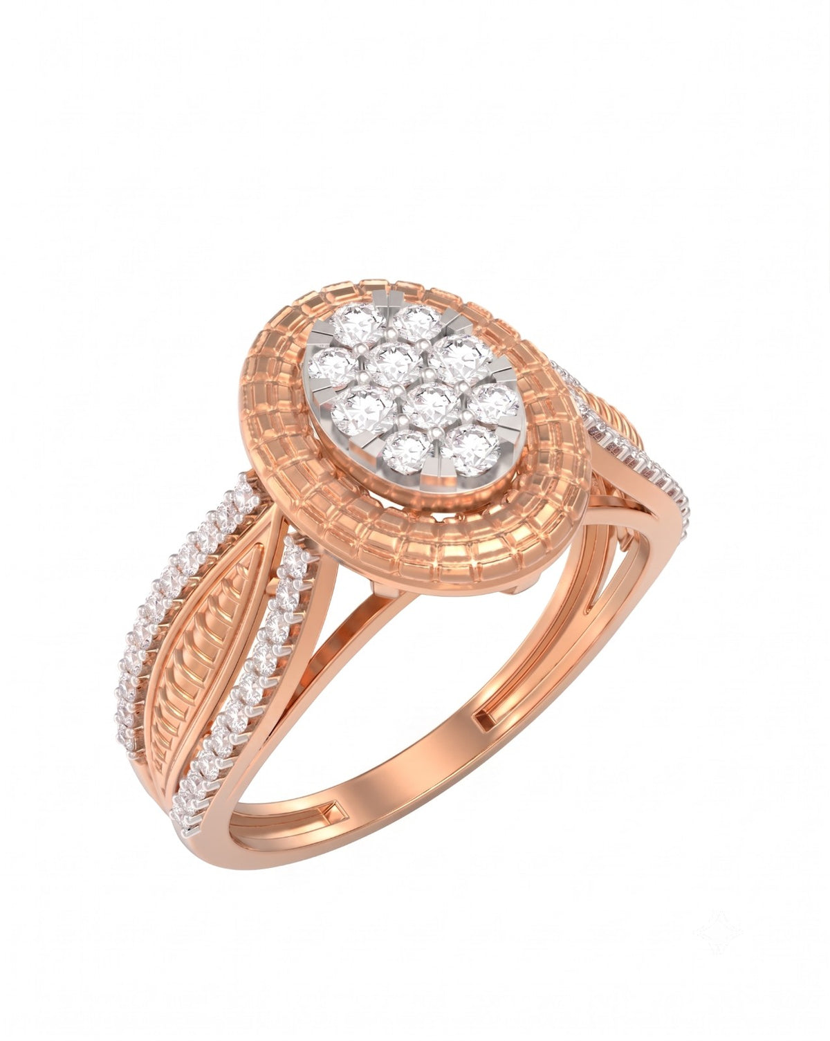 A rose gold ring with a round cluster in the center, shown on a plain white background.