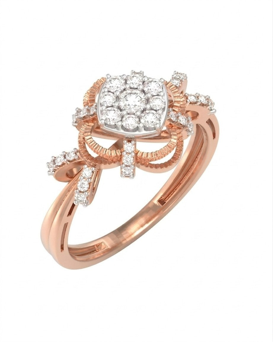 Rose gold ring with diamond accents on a white background.