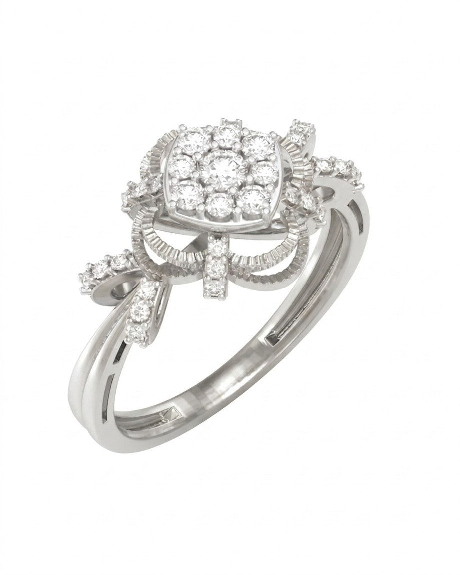 White gold ring with diamond accents on a white background.